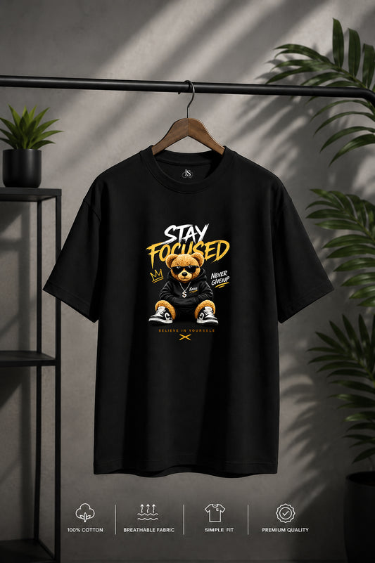JS Fashion Lab Premium Printed Black T-Shirt Multi Design Stay Focus | 100% Cotton | Streetwear