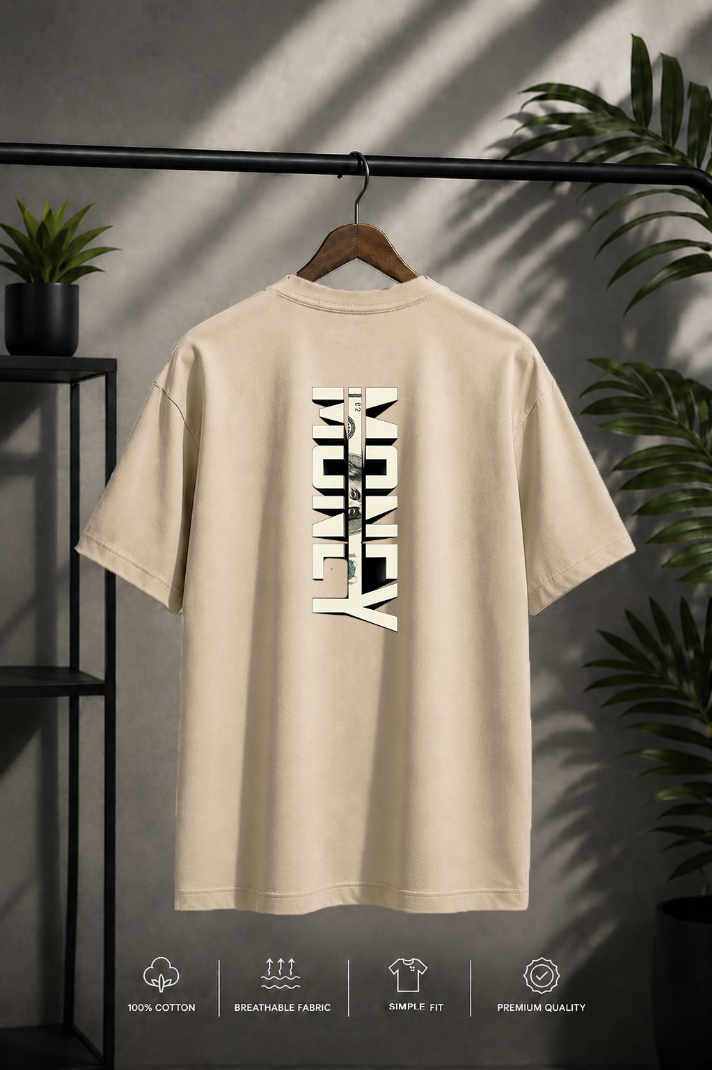 JS Fashion Lab Premium Printed Back Side Beige T-Shirt Multi Design Money | 100% Cotton | Streetwear