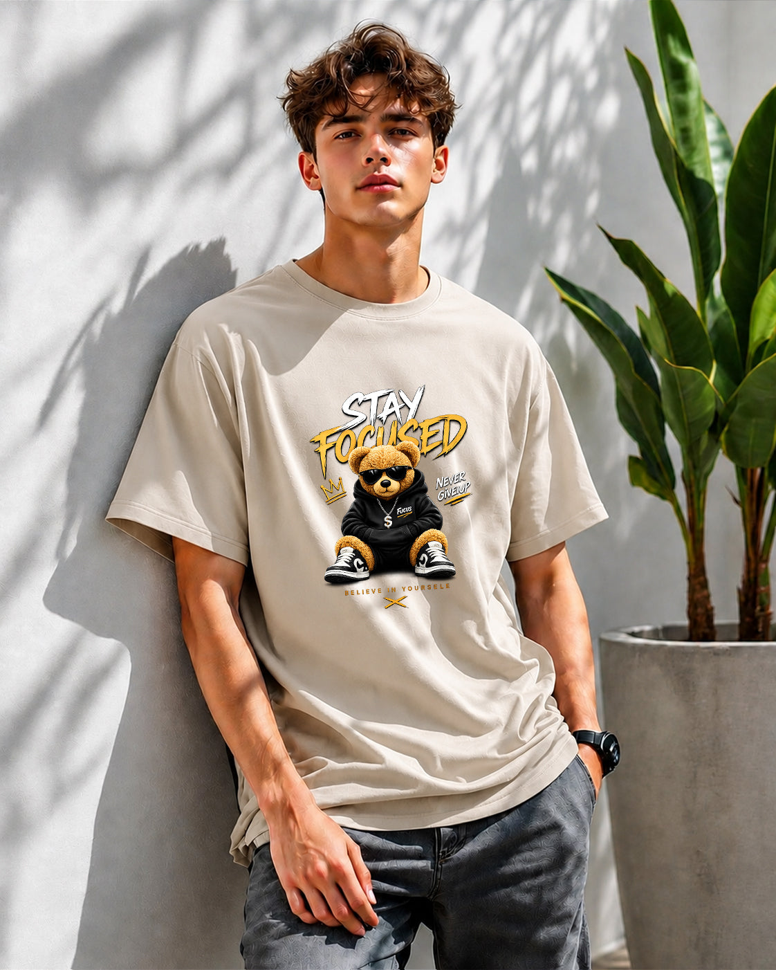 JS Fashion Lab Premium Printed Beige T-Shirt Multi Design Stay Focus | 100% Cotton | Streetwear