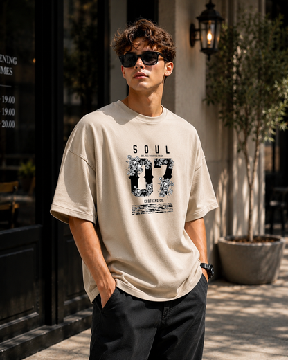 Premium Oversized Beige T-Shirt for Men DTF Design | Drop Shoulder Casual Tee