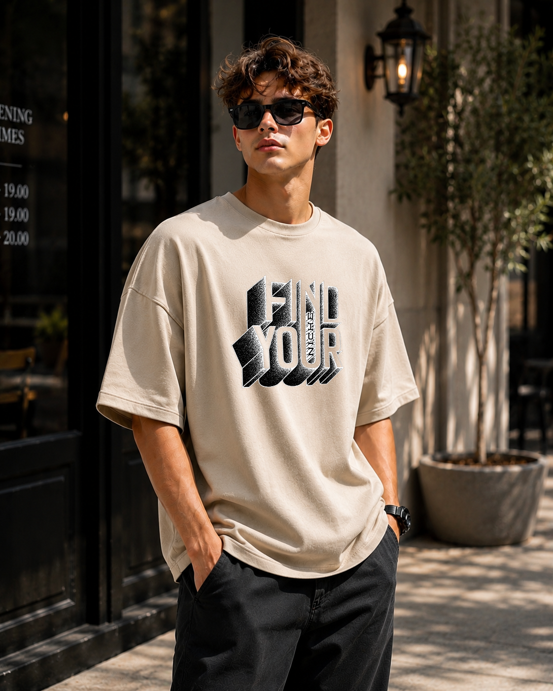 Premium Oversized Beige T-Shirt for Men DTF Design | Drop Shoulder Casual Tee