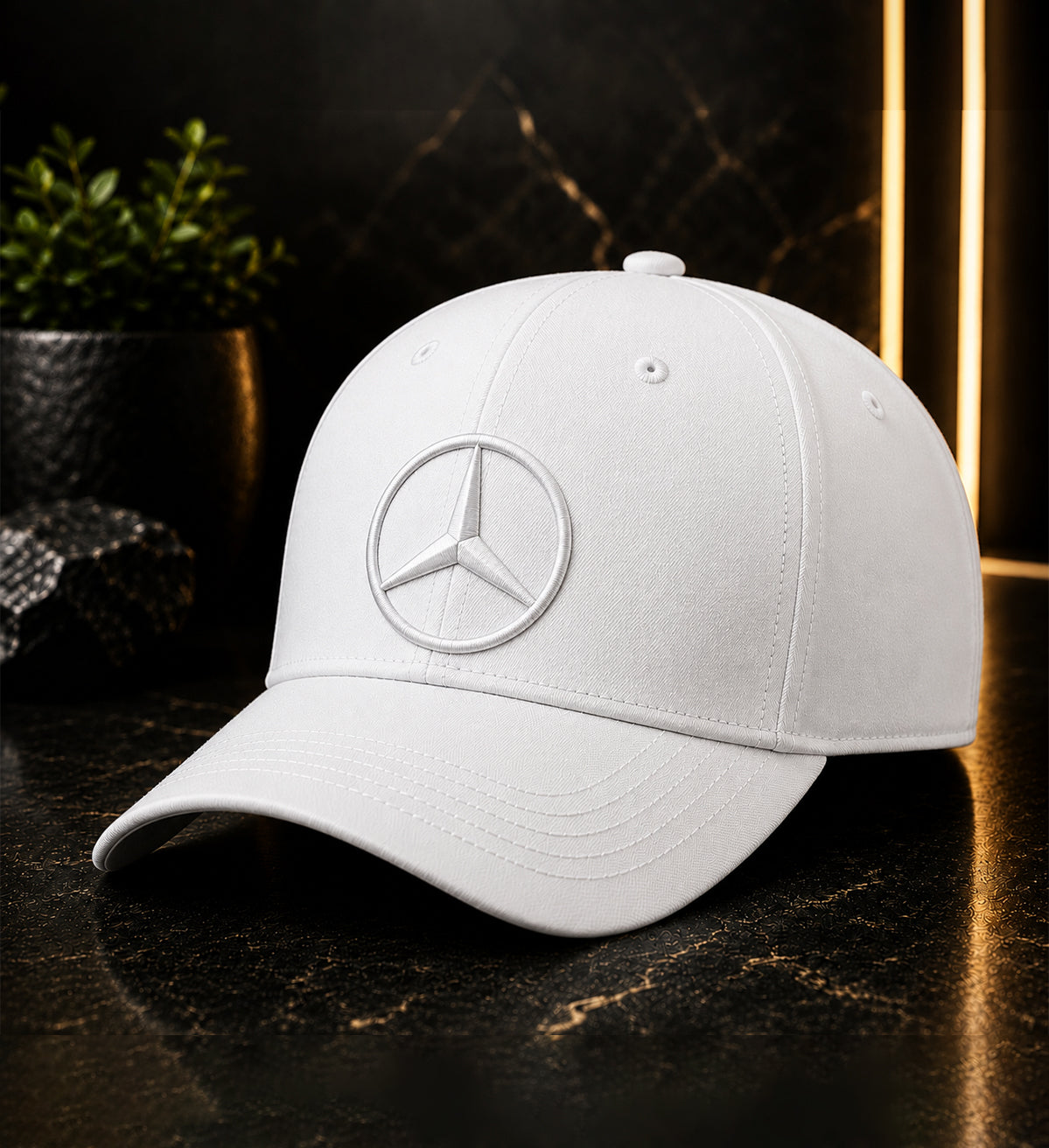 Mercedes Premium Logo DTF Design Black & White Cap | Luxury Adjustable Snapback