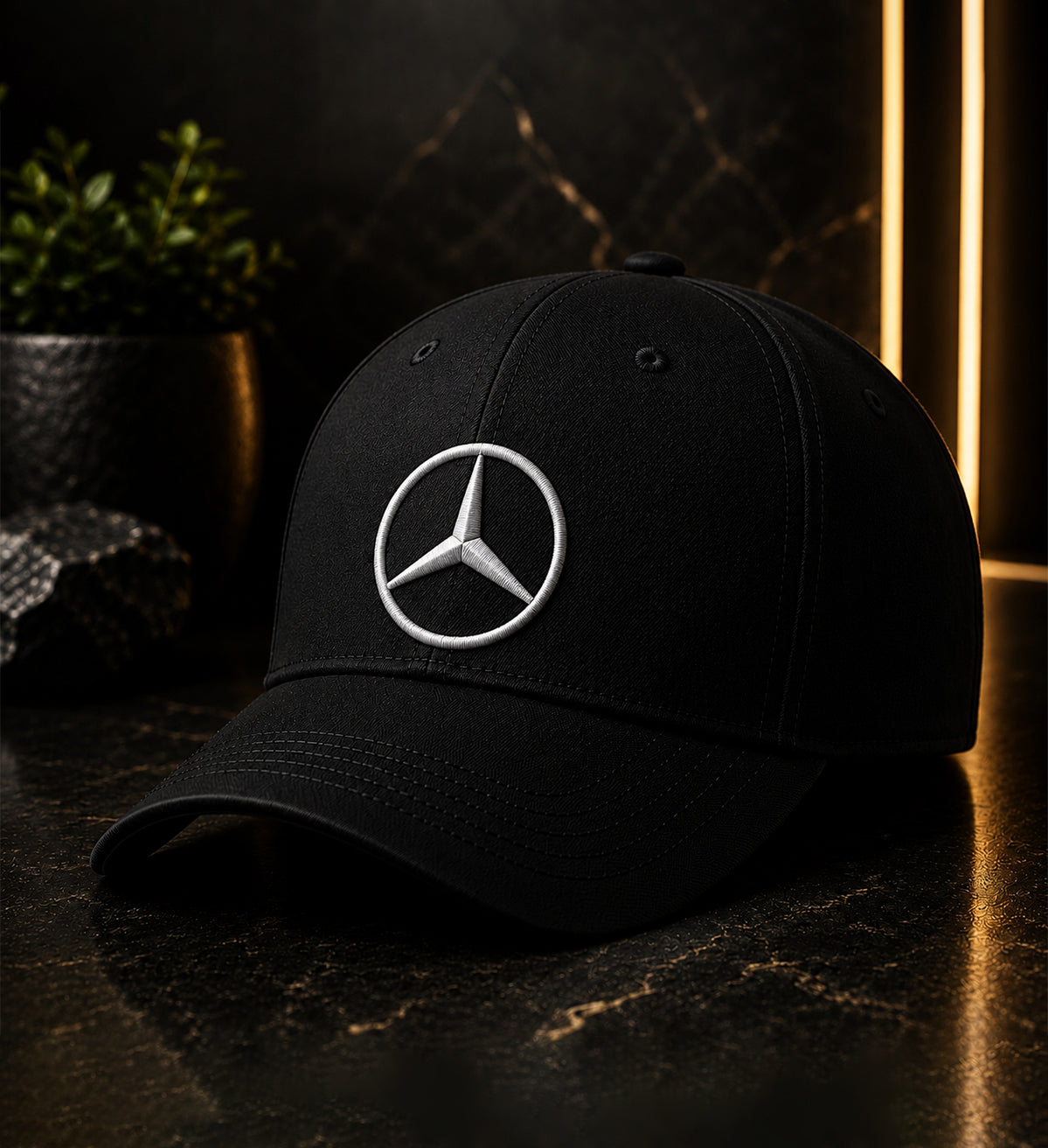 Mercedes Premium Logo DTF Design Black & White Cap | Luxury Adjustable Snapback