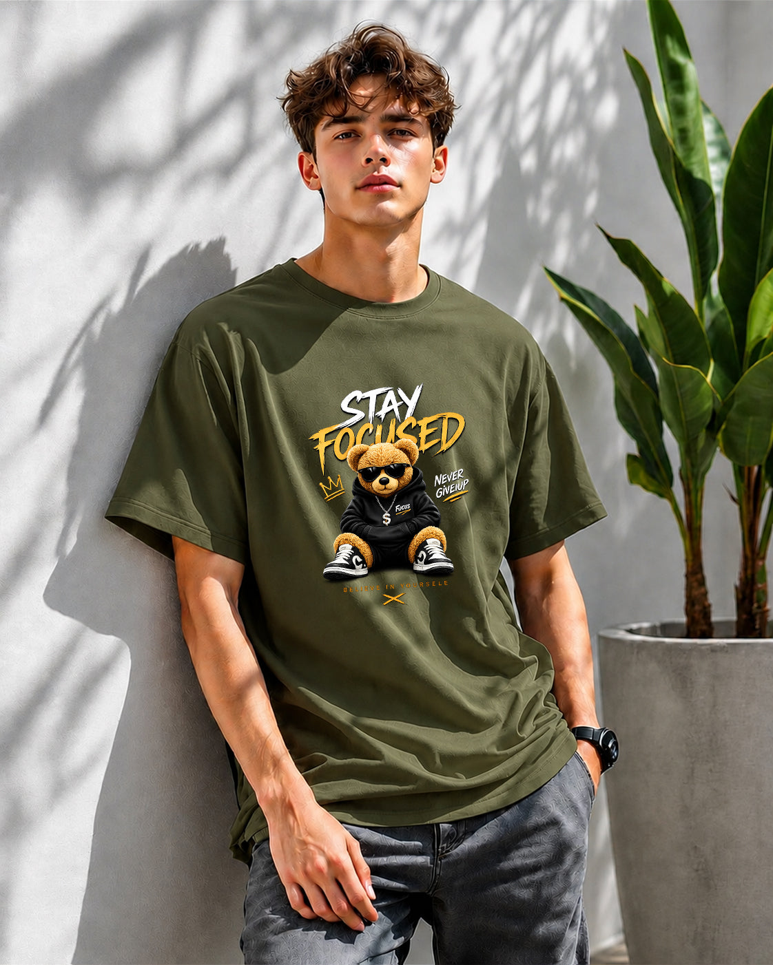 JS Fashion Lab Premium Printed Olive GreenT-Shirt Multi Design Stay Focus | 100% Cotton | Streetwear
