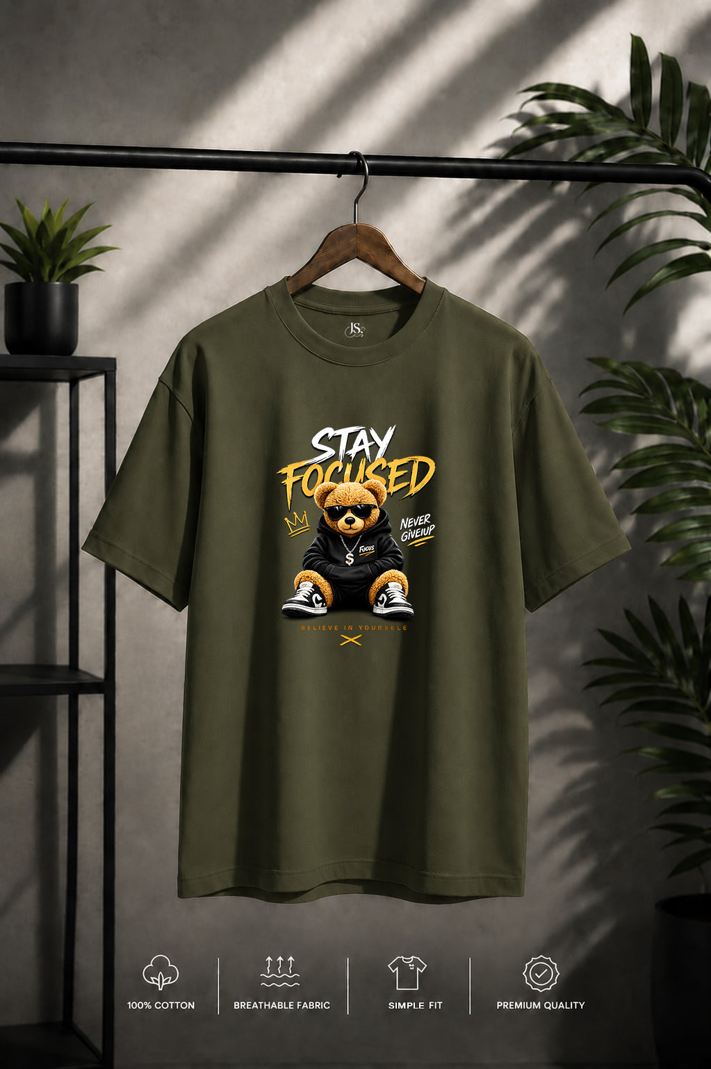 JS Fashion Lab Premium Printed Olive GreenT-Shirt Multi Design Stay Focus | 100% Cotton | Streetwear