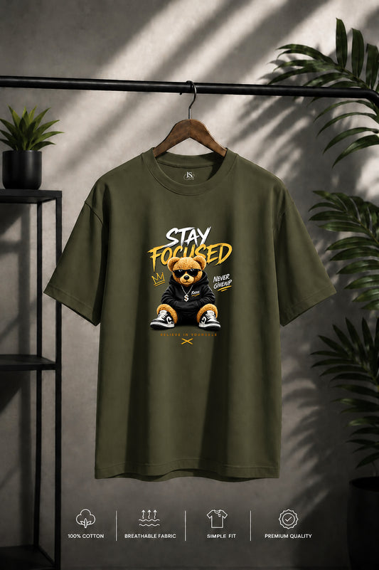 JS Fashion Lab Premium Printed Olive GreenT-Shirt Multi Design Stay Focus | 100% Cotton | Streetwear
